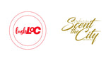 Gold Scent The City Logo with skyline in the background and Red Bullseye LashLoc logo